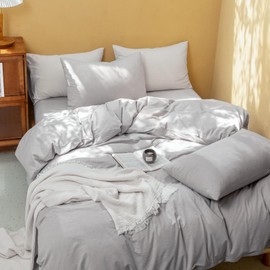 FOSSA Duvet Cover Set 100% Washed Cotton Linen Feel Super Soft Breathable Cozy 3 Pieces Bedding Sets Solid Light Grey Queen