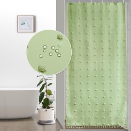 LilyCat Boho Farmhouse Sage Green Fabric Shower Curtain, 36x72 Tufted Pleat Floral Puffs Textured Tassel Cute Rustic Shower Curtain for Bathroom, Waterproof Morden Shower Curtain with Hooks