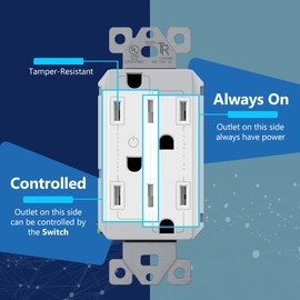 Lider Flexiports Decorator Receptacle, Residential Grade, UL Listed, Tamper-Resistant Wall Outlet, Plug Load Control/Always-On Electrical Outlet, Matte Finish, 15A 125V, White