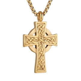 HZMAN Stainless Steel Celtic Cross Necklace for Men Women Vintage Viking Irish Knot Amulet Pendant Jewelry Gift (Gold)