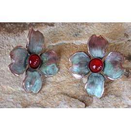 Verdigris Patina Dogwood Flower Earrings - Amethyst - USA Made