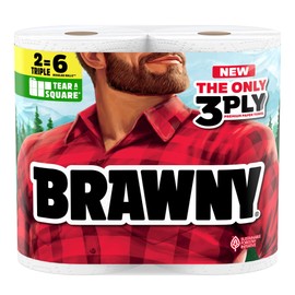 Brawny Tear-A-Square 3-Ply Paper Towels, 2 Triple Rolls = 6 Regular Rolls, Strong, Absorbent, and Durable with 3 Sheet Sizes (Quarter, Half, Full)