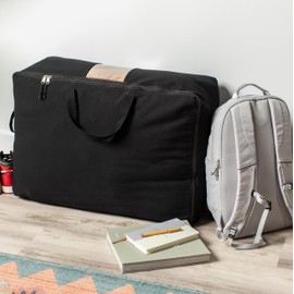 Soft Canvas Storage Bags with Zipper. Thick Breathable, 2pc King/Queen Comforter Organizer. Four Carrying Handles and Window. Large 25x19x9in Bag for Sheets Blankets Bedding Pillows, Clothes (Black)