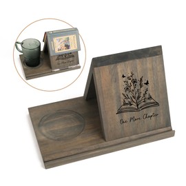 LITIVY Wooden Book Holder with Drink Holder, Wooden Triangle Bookmark Reading Rest with Slotted, Book Display Bookmark Book Holder Decor for Coffee and Book Lover Gifts (Greenish Gray)