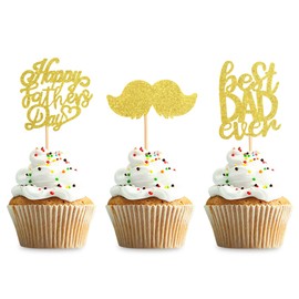Keaziu Paquete de 48 decoraciones doradas para cupcakes con texto en inglés "Happy Padre", para decoración de tartas y fiestas del día del padre, decoración de fiestas