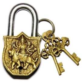 Purpledip Handmade Brass Antique Padlock with Maa Durga Idol (10006)