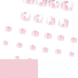 Tyuimhx White French Tip Press on Toenails Square Fake Toe Nail with Rhinestones Designs White Flowers False Toenails Acrylic Glue on Toe Nail Artificial Stick on Toe Nail for Women 24 Pcs