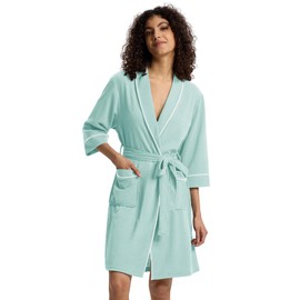 SIORO Summer Waffle Knit Robe for Women, Short Lightweight Bathrobe with Pockets, 3/4 Sleeve Robe with Shawl Collar for Spa