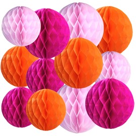 Xiksxitn Paper Honeycomb Balls Decorations - 12 Pack Hanging Tissue Pom Poms for Weddings, Birthdays, Home Party Decor (Rose red Light Pink Orange)