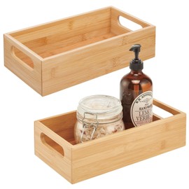 mDesign Set of 2 Storage Boxes with Handles - Practical Wooden Storage Box - Cosmetic and Care Products - Bamboo Open Shelf for Bathroom - Natural