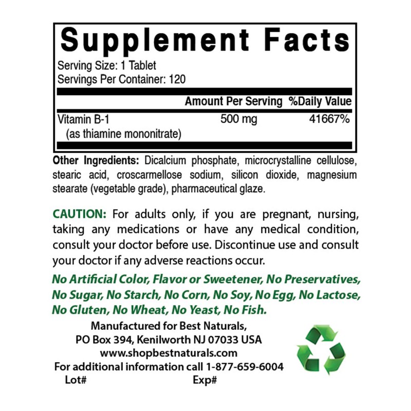 Best Naturals Vitamin B1 as Thiamine Mononitrate 500 mg 120