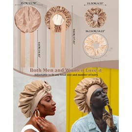 Reversible Satin Bonnet for Sleeping Women Silk Bonnet Double Layer Hair Bonnet with 2PCS Hair Scrunchies Elastic Tie Band Night Cap Hair Wrap for Natural Curly Hair (Coffee + Champagne)