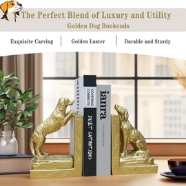 Iemegumi Dog Book Ends for Shelves - Gold Bookends for Heavy Books - Creative Resin Animal Stopper to Decorative Vintage Home Bookshelf Table Office Desk, Figurine Decor Gifts for Book Lover
