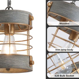 wochos Farmhouse Pendant Light, Adjustable Metal and Wood Chandelier Light Fixture, Rustic Pendant Lighting for Kitchen Island, Bedroom, Dining Room and Entryway, Blue Gray