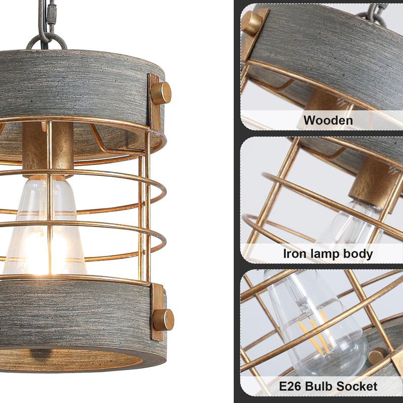 wochos Farmhouse Pendant Light, Adjustable Metal and Wood Chandelier Light