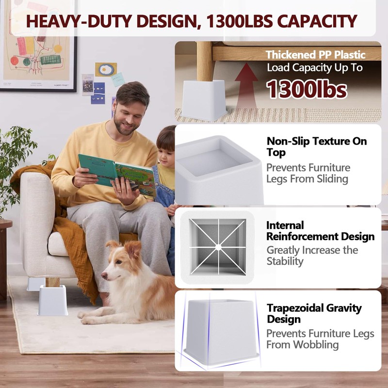 Demiwise Heavy Duty Bed Risers - Set of 4 Adjustable
