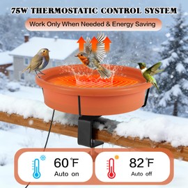 HRAYLTOP Deck Mounted Heated Bird Bath for Outdoors for Winter, 75W Heated Bird Baths with Detachable Power Cord,Thermostatic Control Available All Seasons for Garden Yard Patio Lawn（Terracotta）