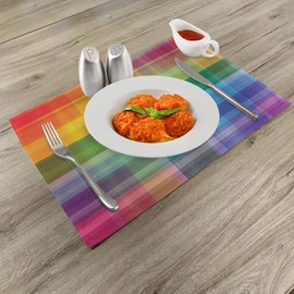 Ambesonne Vintage Rainbow Place Mats Set of 4, Retro Plaid Design Checkered Squares Rainbow Colored Geometric Pattern, Washable Fabric Placemats for Dining Table, Standard Size, Yellow Green