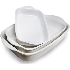 Saffron & Sage Casserole Dish Set of 3 - Baking Dishes for Oven, Contemporary White Ceramic Baking Dish Set, Heavy Duty Bakeware, Up to 500° High Heat Resistant, Dishwasher, Freezer and Food Safe