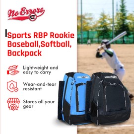No Errors Sports RBP Rookie Baseball and Softball Backpack - Baseball and Softball Bat Bag with Fence Hooks for Kids, 2 Bat Pockets Bag for Boys and Girls(Black)