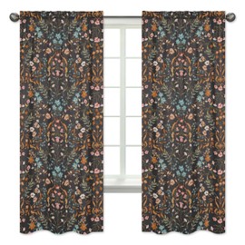 Sweet Jojo Designs Boho Wildflower Vintage Floral Girl Window Curtains Treatments Panels Baby Nursery Kids Bedroom Kitchen Room - Set of 2 - Black Orange Teal Bohemian Farmhouse Botanical Cottagecore