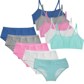 Popular Matching Girls Underwear Set - Crop Cami Training Bras for Girls with Hipster Girls Panties 10 pc Brights XL