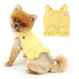 PAIDEFUL Denim Dog Harness Vest for Small Dogs Puppy Clothes Cat Vest Harness and Leash Set Spring Summer Pet Shirt with D-Ring Sleeveless Doggie Strap Cute Chihuahua Fringe Outfits,Yellow,XXL