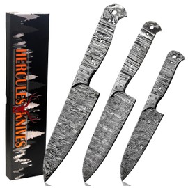 Hercules Knives Custom 3Pcs Set Of Chef Knife - Kitchen Knife Hand Forged Hammered Damascus Steel Blank Blade Handmade Knife Making Supply (DAMASCUS BOLSTER)