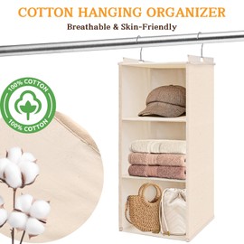 Pure Cotton Dual Hanging Closet Organizer, 2-Pack 3 Tier Breathable Storage Bags for Wardrobe, RV, Baby Nursery, Small Closet, Heavy-Duty 100% Cotton Closet Organizers and Storage, Natural Beige