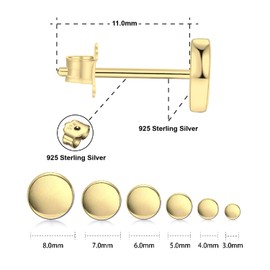 18K Gold-Plated Stud Earrings, Gold 925 Silver, Women's 3 mm - 10 mm Options, Round Hypoallergenic Jewellery for Men, White Gold