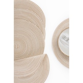 Floroom 15 Inch Round Braided Placemats Set of 4, Washable Heat Resistant Cotton Polyester Circle Place Mats for Kitchen Dining Table - Canvas Beige