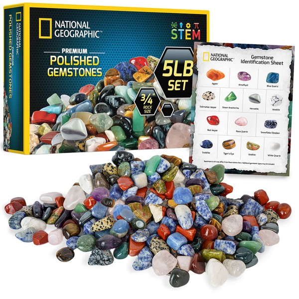 NATIONAL GEOGRAPHIC Premium Polished Stones - 5 Pounds of 3/4-Inch Tumbled Stones and Crystals Bulk, Arts and Crafts, Rock and Mineral Kit, Rocks for Kids, STEM Toys