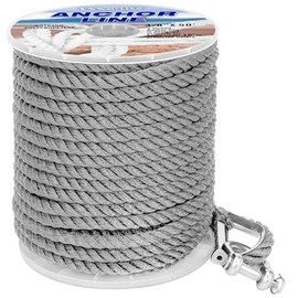 Boat Anchor Line 3 Strand Anchor Rope Black White Grey 3/8 Inch 50FT 100FT 150FT with Stainless Steel Thimble and Shackle for Boat (3/8" x50' Grey)