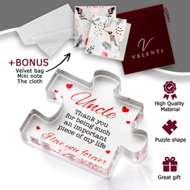 VELENTI Uncle Gifts - Decorative Favorite Uncle Gift - Acrylic Plaque with Red Velvet Bag, Cleaning Cloth, Envelope - Great Birthday Gift, from Niece, Nephew