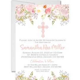 Girls Pink Floral Invitations For Baptism, Christening, First Communion, Confirmation Or Baby Dedication