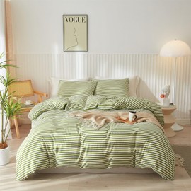 mixinni Striped Comforter Set King Size - Green White Stripes Pattern Bed Set for All Season, 3 Pieces Lightweight Bedding Comforter Sets for All Seasons (1 Soft Fluffy Comforter + 2 Pillowcases)