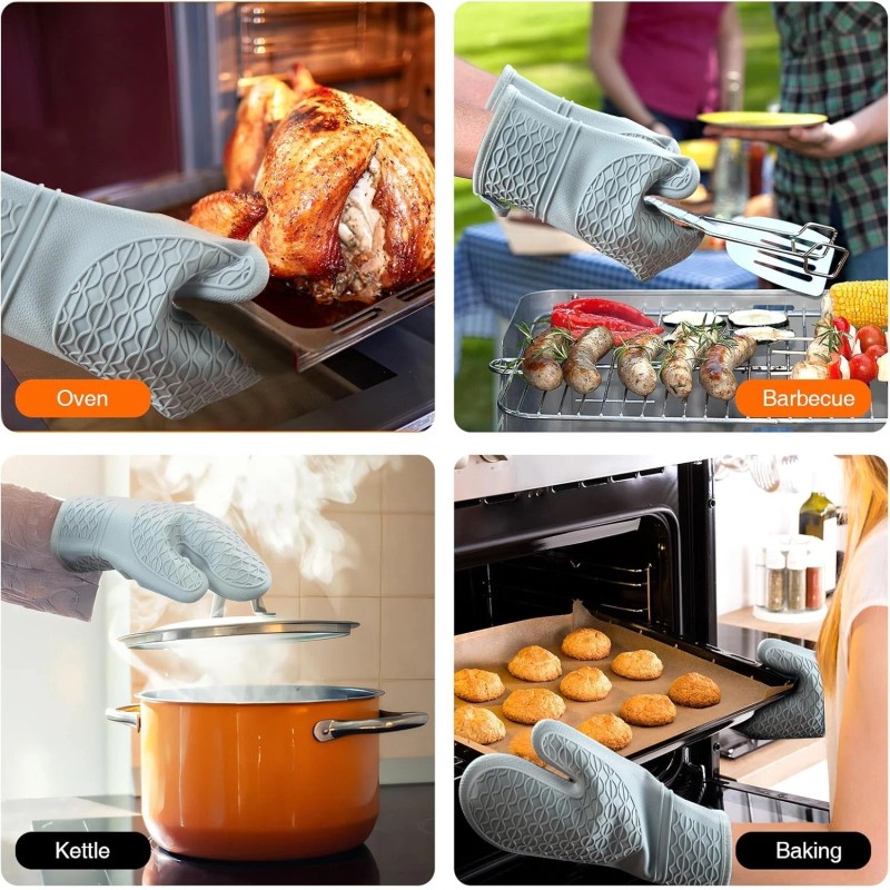 HESEE Silicone Oven Mitts, Heat Resistant 2PCS Mitts with Soft