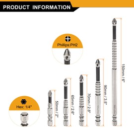 sourcing map 5pcs Impact Phillips Screwdriver Bit Set PH2 (#2) Anti Slip Tip 1/4" Hex Shank 2"/2.6"/2.8"/3.5"/6" (50mm/65mm/70mm/90mm/150mm) Long Magnetic Cross Screw Driver Drill Bits