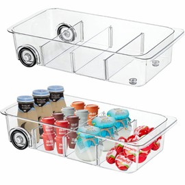 MineSign 2Pack Roll Out Fridge Caddy Bins Pull Out Drawer with Wheels Refrigerator Organizer Bins with Handles Divided Fruit Caddy for Fridge Pantry Cabinet Storage Cans Drinks