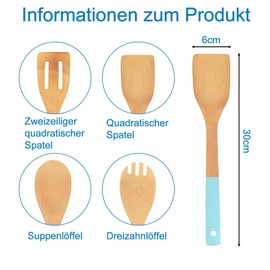 4 Stück Küchenutensilien Set, Kochlöffel aus Bambus, Pfannenwender Set, Küchenzubehör zum Kochen, Bambus Küchenhelfer, Zufallsbunt lackierte Griffstücke, Perfekt für Antihaft