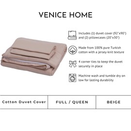 Venice Home 100% Cotton Jersey Duvet Cover Set - Ultra Soft & Breathable - All-Season Comfort - Easy Fit with 4 Corner Ties - Includes 2 Pillowcases - 3-Piece Bedding Set (Beige, Full/Queen)