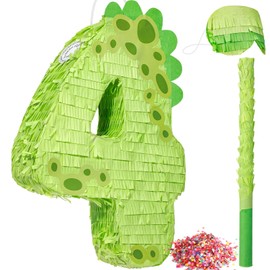 Poen 16 Inch Dinosaur Piñata Number Piñata for Boys Birthday Party Supplies with Bat and Eye Mask for Dinosaur Birthday Party Dino Decorations, Animal Theme Party Supplies(4)