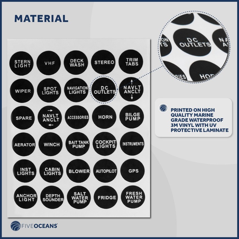 Five Oceans Boat Switch Panel Labels, 30 Pcs per Sheet,