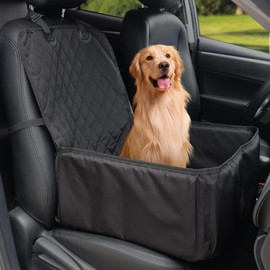 Dog Car Seat Cover for Front Seat, Deluxe 2-in-1 Dog Seat Cover with Side Flaps, Waterproof Nonslip Scratchproof Pet Bucket Seat Cover with Safety Belt, Fits Most Cars, Trucks, SUVs, Jeep(Black)