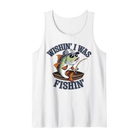 Wishing I was Fishing Large Mouth Bass Funny Fisherman Fish Tank Top