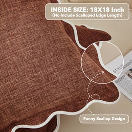 Mayler Yee Scalloped Throw Pillow Covers Set of 2 for Living Room, Soft Cotton & Cozy Linen, Boho Sytle Decorative Home (Brown, 18x18 Inch)