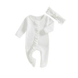 Ayalinggo Newborn Baby Romper Infant Girl One-piece Outfit Waffle Ruffle Zip Footie Spring Summer Clothes With Bow Headband White 0-3 Months