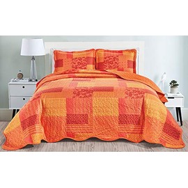Masterplay 3-Piece Fine Printed Oversize (100" X 95") Quilt Set, Bedspread Coverlet Queen Size Bed Cover (Shades of Orange, Patchwork)