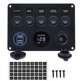 12V 5 Gang Toggle Rocker Switch Panel for Boat Waterproof ON-Off with Digital Voltmeter 4.2A USB Charger Cigarette Lighter Socket for RV Car Boat Vehicles Truck Trailer Yacht (BLUE)