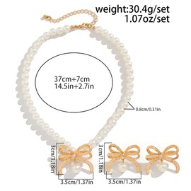 FDEETY 3-Piece Jewellery Set Pearl Necklace for Women Pearl Necklace Bow Earrings Jewellery Set Adjustable Pearl Necklace 14K Gold-Plated Pearls Jewellery Gift for Her Girlfriend, Alloy Steel